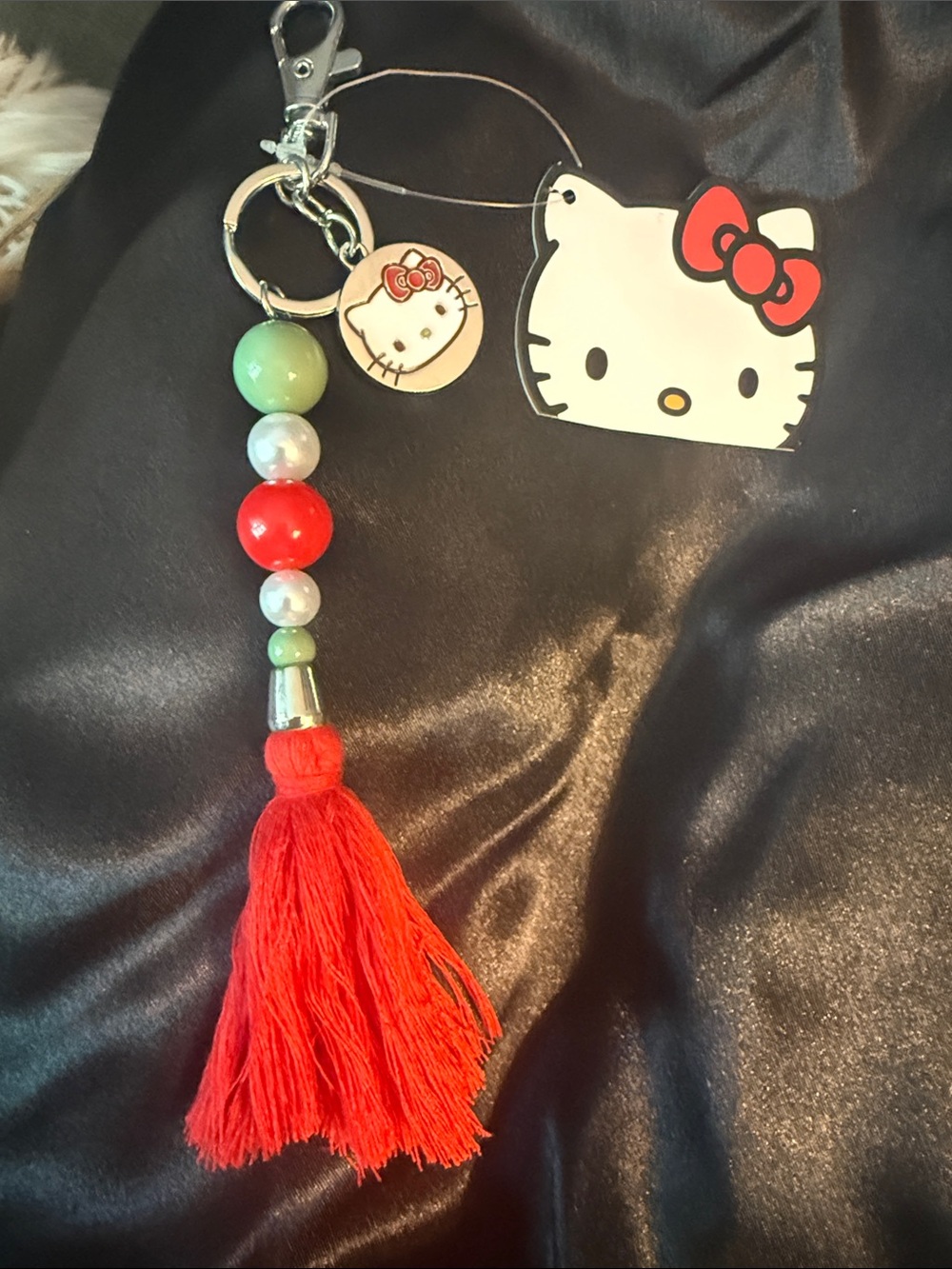Hello Kitty Red Tassel Bead Bag Charm with Green Accents